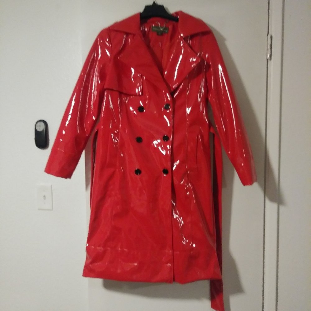 Red patent long trench coat